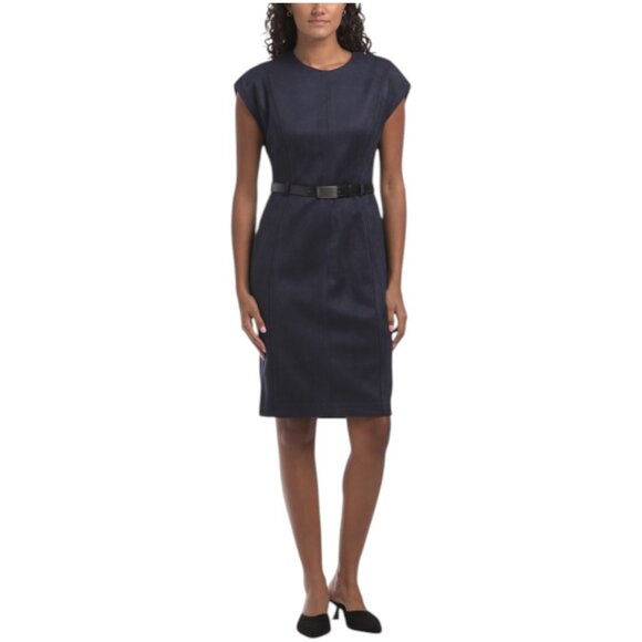 CALVIN KLEIN Faux Suede Belted Seamed Sheath Mini Dress - Picture 1 of 3